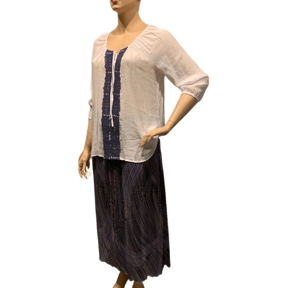 Spense Peasant Blouse Size XL Boho White Tunic w/ Blue Crocheted Tie Front - Picture 4 of 10
